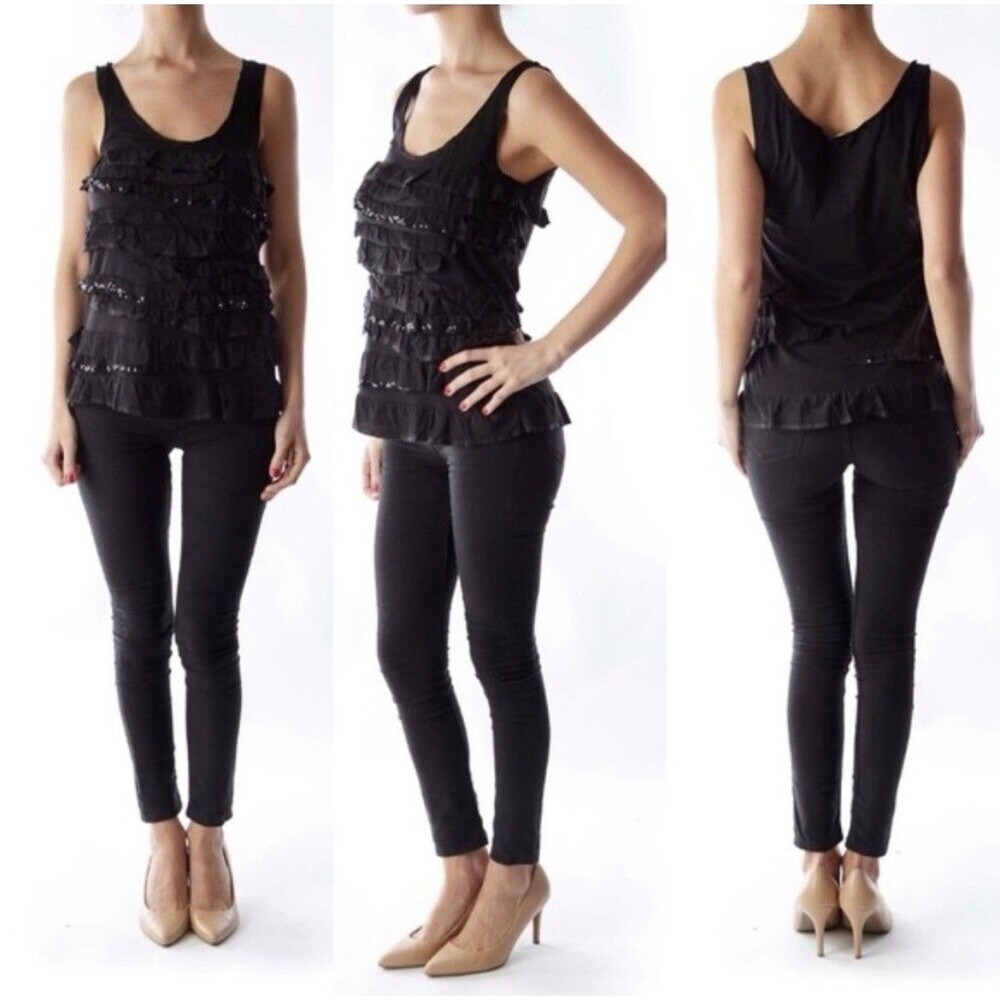 J. Crew Women's Solid Black Sequin Ruffle Tank Top Size XS Cotton Casual Party